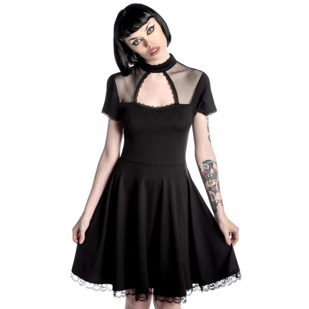 KILLSTAR Draculana Skater Dress Black Lace Trim Cutout High Neck Gothic Mini New - Picture 4 of 7